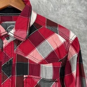 BKE Standard Fit Mens Red Black White Plaid Long Sleeve Snap Button Shirt Large